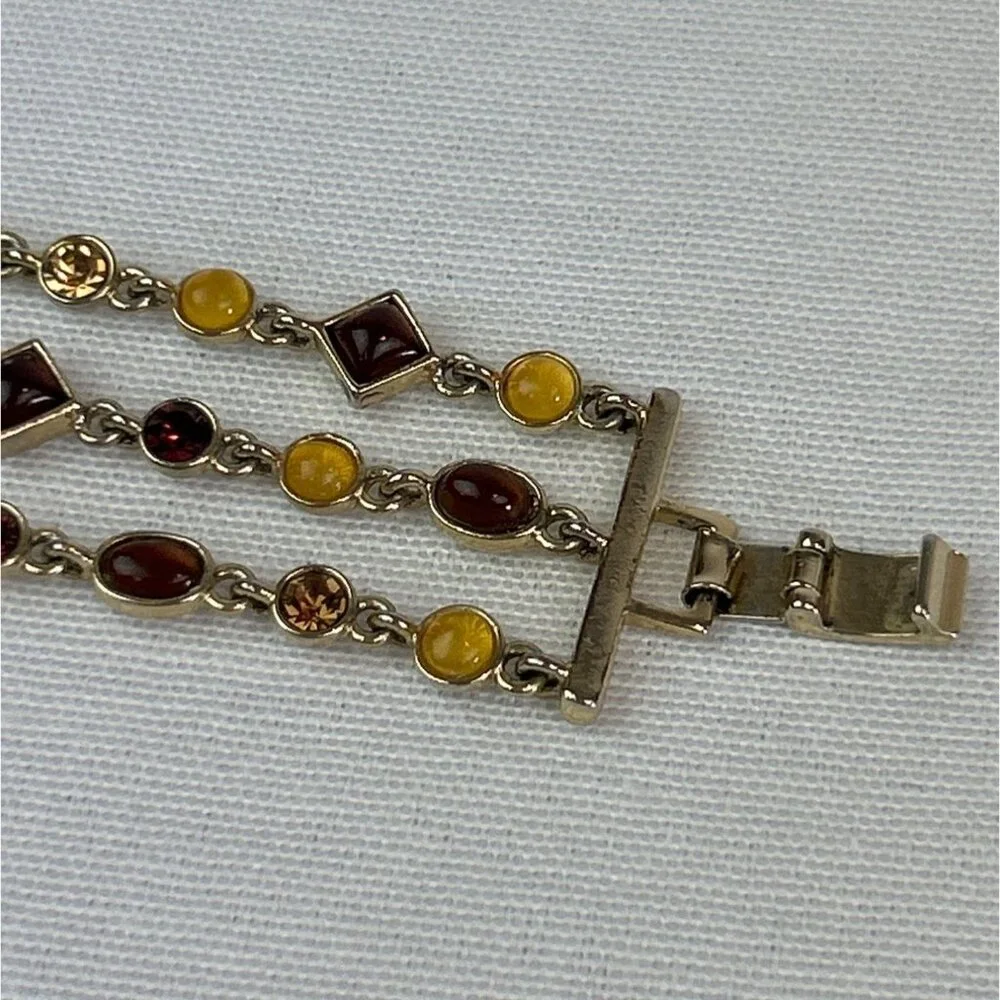 Gold Tone Triple Strand Bracelet Amber Honey Brown Color Gemstones - Picture 2 of 6
